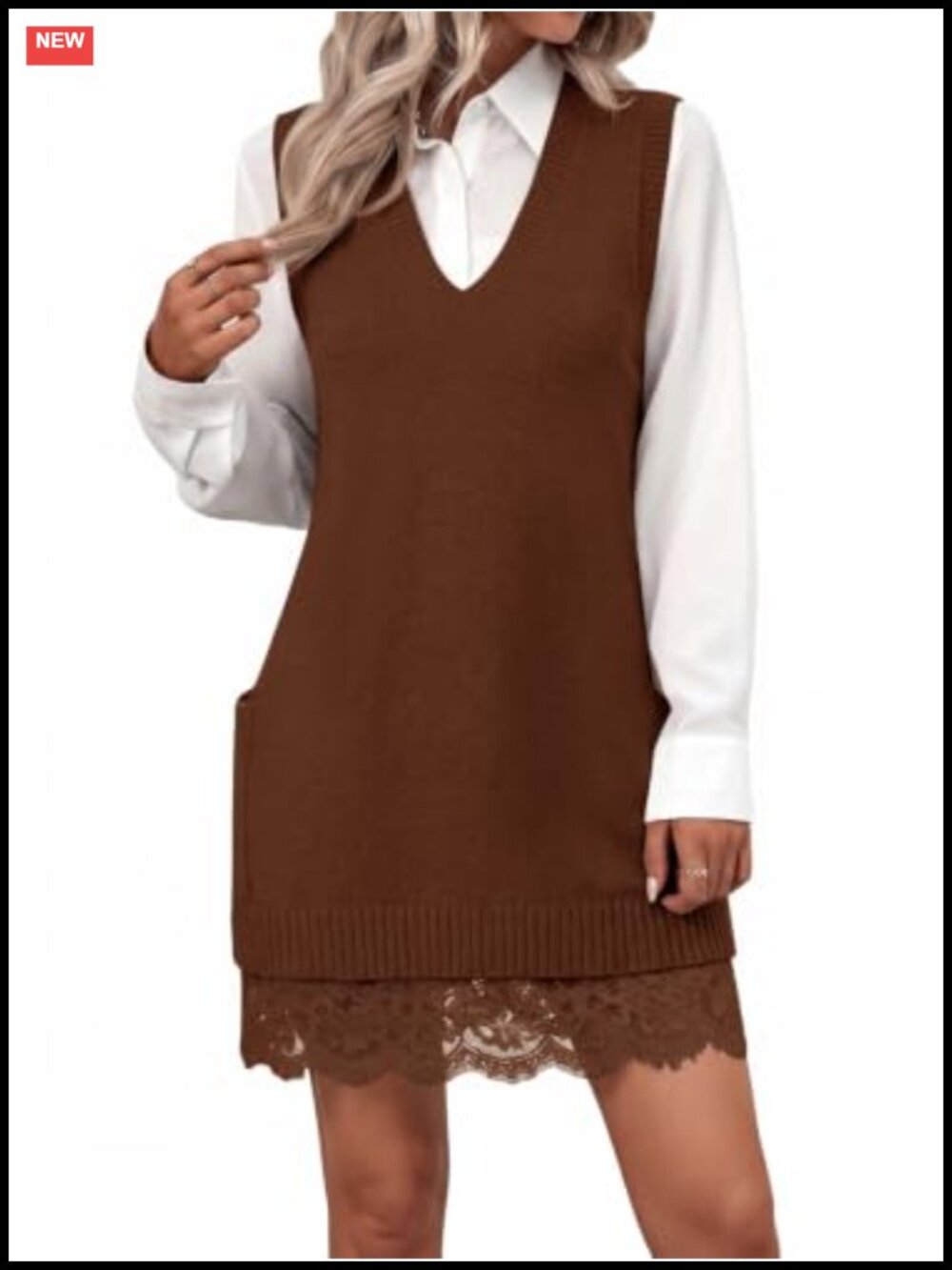 Womens V Neck Tunic Sweater Vest Lace Patchwork Sleeveless Knit Tank
